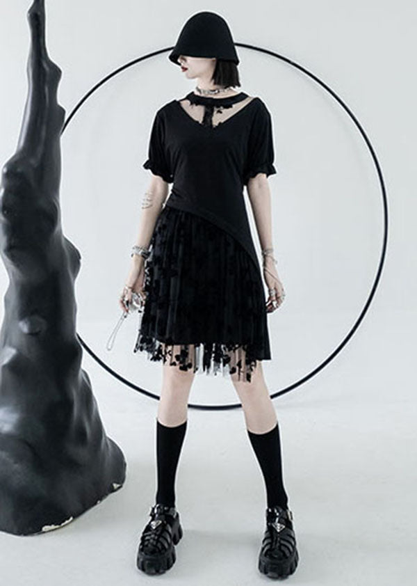 Black O-neck Asymmetrical Design Tulle Cotton Mid Dress Summer