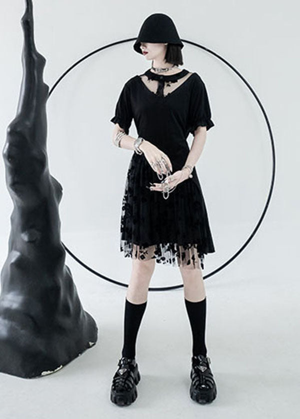 Black O-neck Asymmetrical Design Tulle Cotton Mid Dress Summer