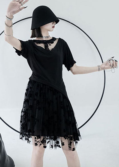 Black O-neck Asymmetrical Design Tulle Cotton Mid Dress Summer