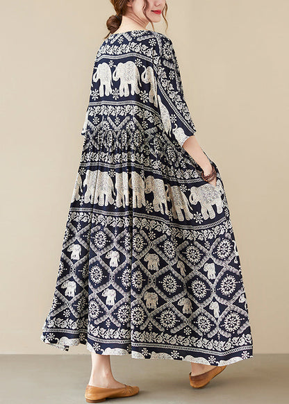 Black O-neck Elephant Print Chiffon Party Dress Half Sleeve
