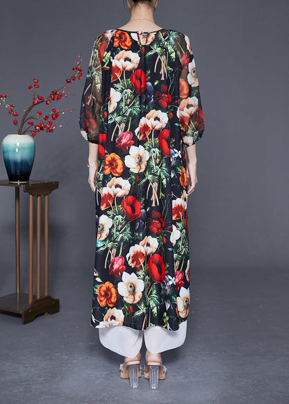 Black O-neck Print Silk Dress Bracelet Sleeve