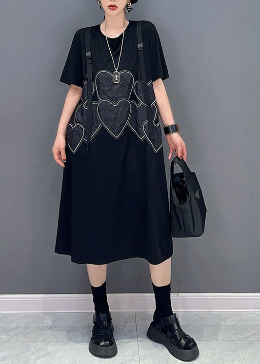 Black O Neck Heart Patchwork Cotton Dresses Summer