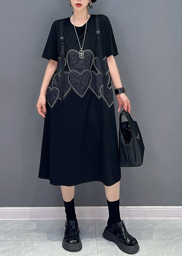 Black O Neck Heart Patchwork Cotton Dresses Summer