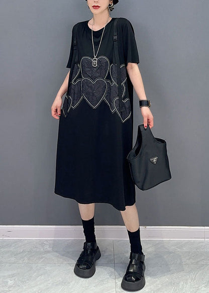Black O Neck Heart Patchwork Cotton Dresses Summer