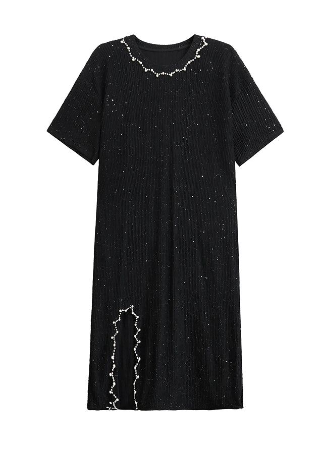 Black O Neck Nail Bead Cotton Dresses Summer
