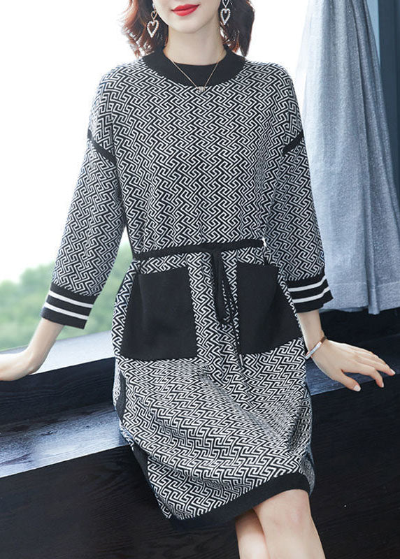 Black O-neck Print Drawstring Knit Sweater Dress Long Sleeve