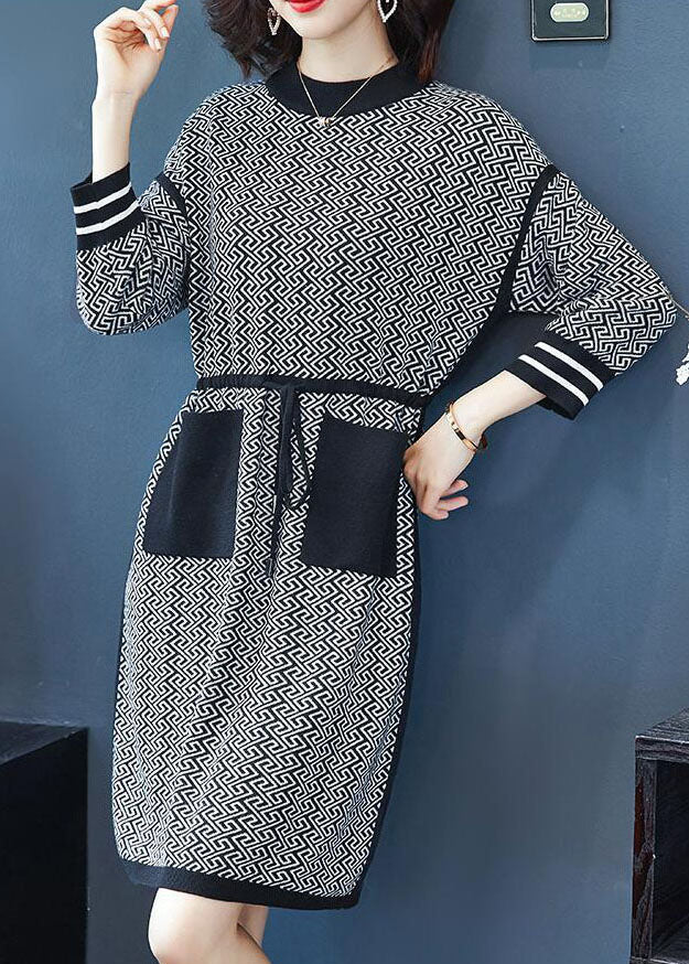 Black O-neck Print Drawstring Knit Sweater Dress Long Sleeve