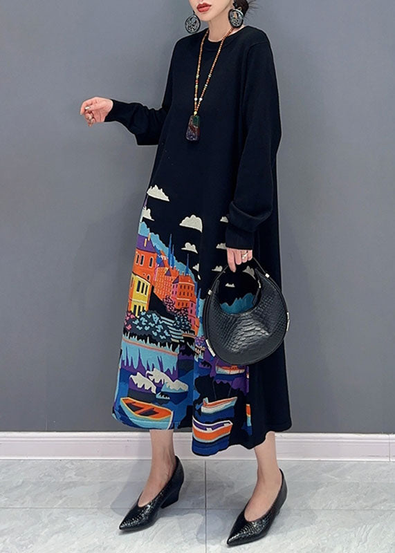 Black O-neck Print Knit Long Sweater Dresses Fall