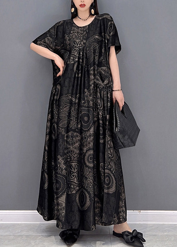 Black Flower O-neck Print Pockets Long Dresses Short Sleeve