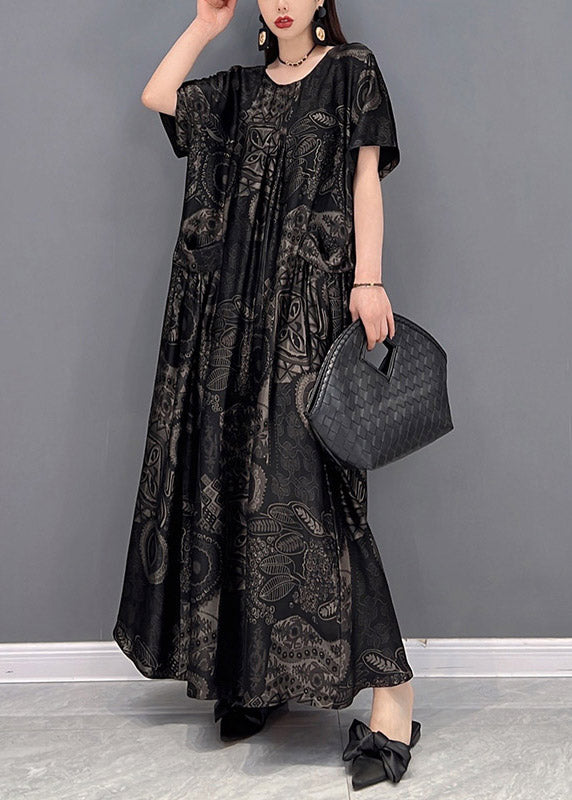 Blue Geometry O-neck Print Pockets Long Dresses Short Sleeve