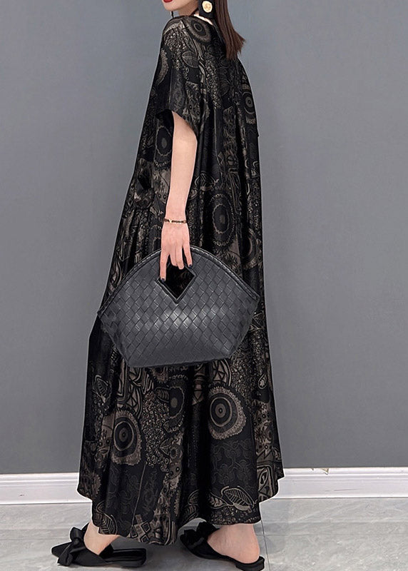 Black Flower O-neck Print Pockets Long Dresses Short Sleeve