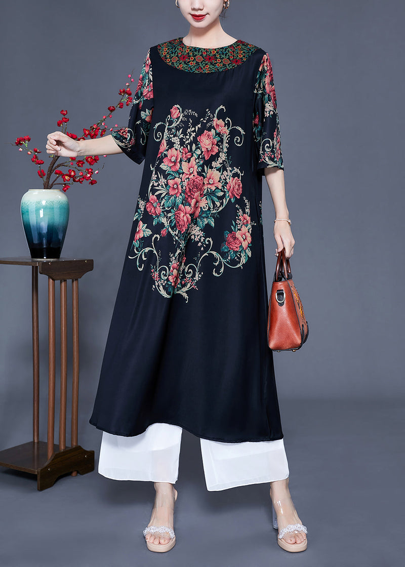 Black O-neck Print Silk Holiday Dress Half Sleeve