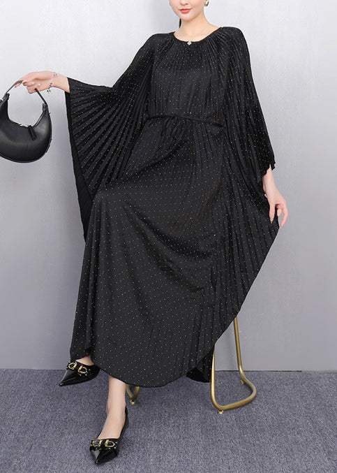 Black Oversized Cotton Pleated Dress Batwing Sleeve