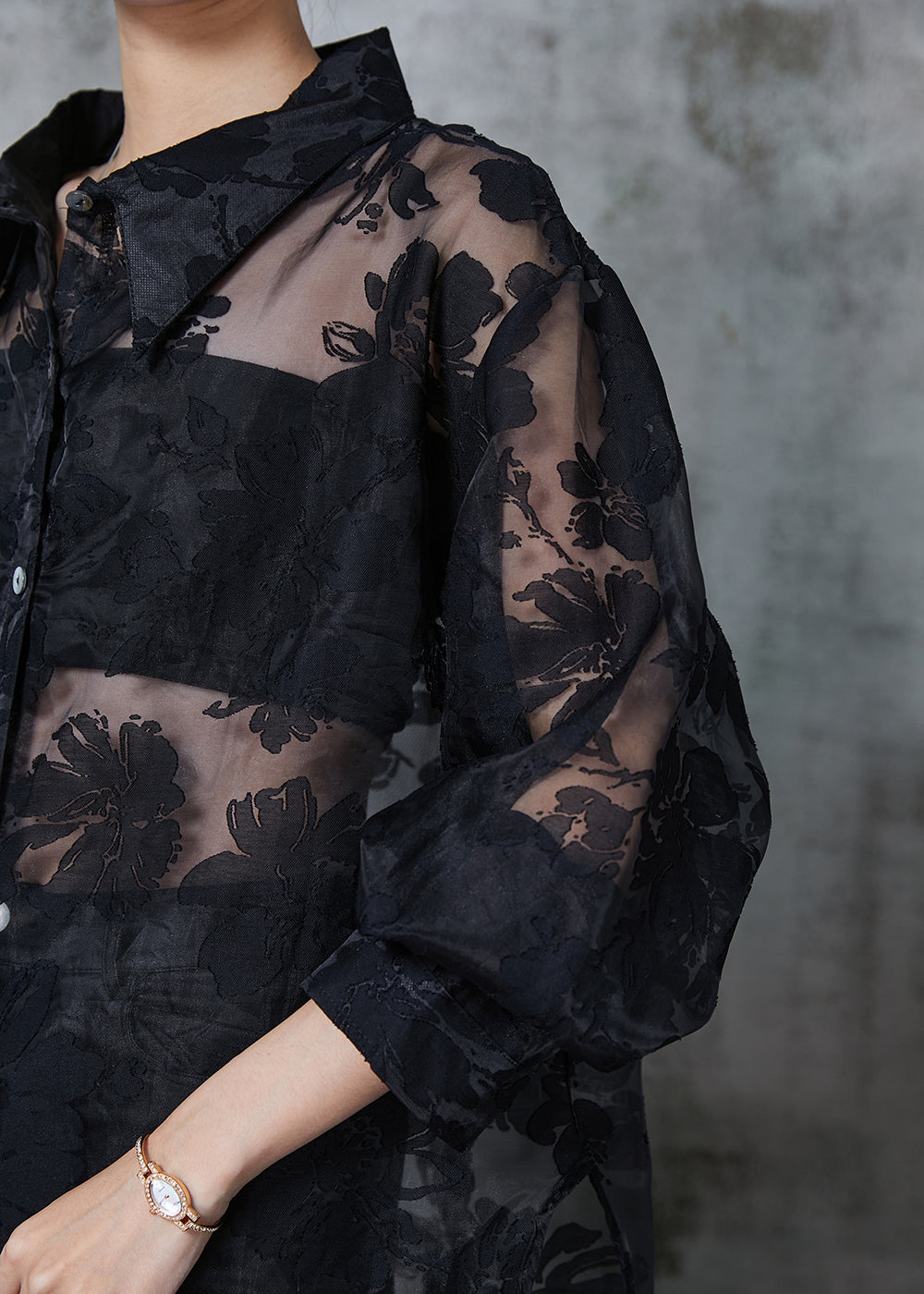 Black Oversized Jacquard Tulle Upf 50+ Shirt Summer