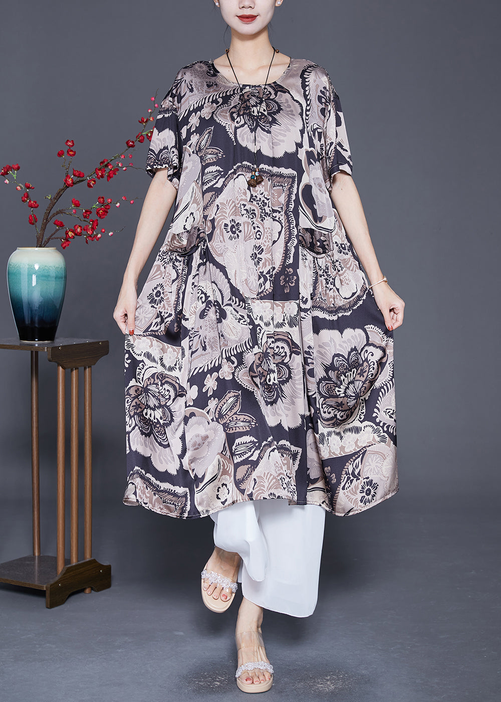 Black Oversized Print Silk Maxi Dresses Summer