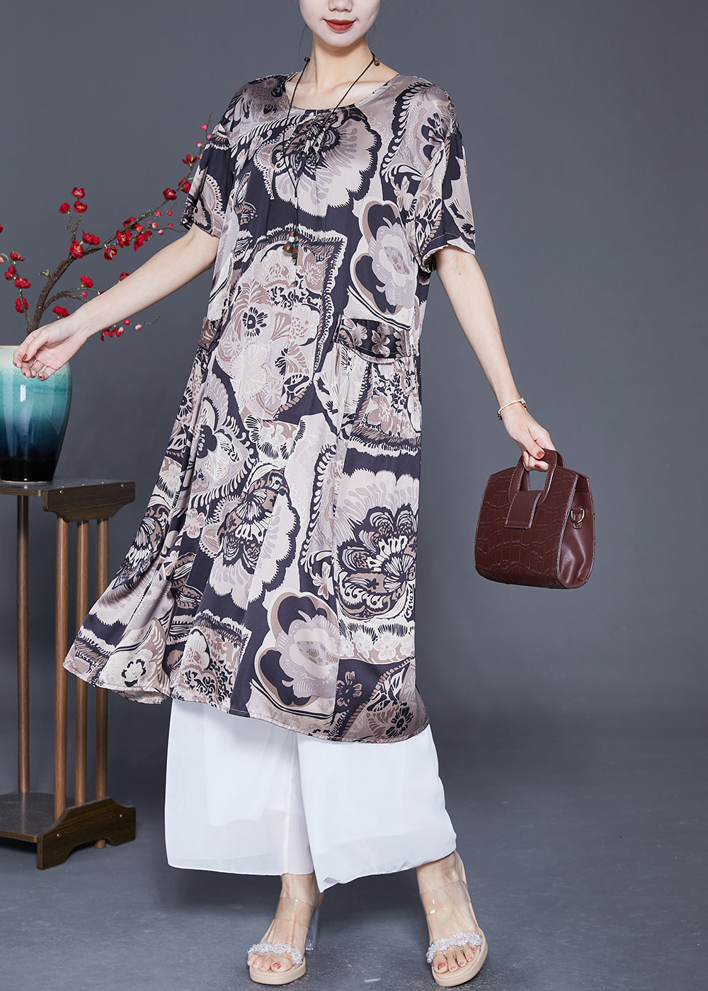 Black Oversized Print Silk Maxi Dresses Summer