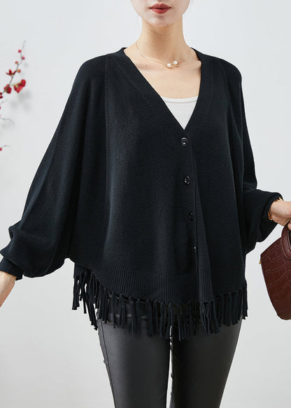 Black Oversized Tasseled Knit Coats Fall