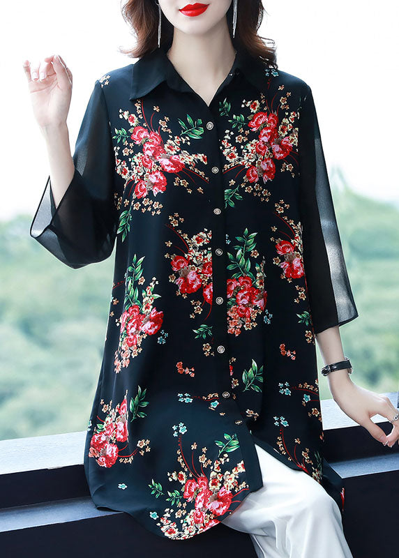 Black Peter Pan Collar Print Patchwork Chiffon Shirts Bracelet Sleeve