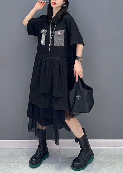 Black Peter Pan Collar Wrinkled Patchwork Chiffon Dress Summer