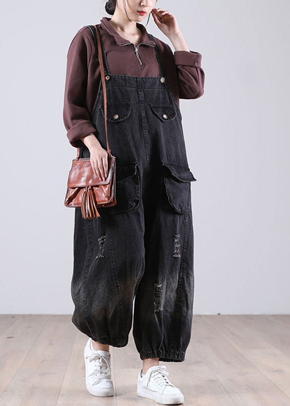 Black Pockets Button Fall Hole Denim Outfits Rompers