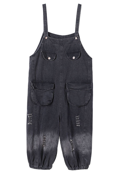 Black Pockets Button Fall Hole Denim Outfits Rompers