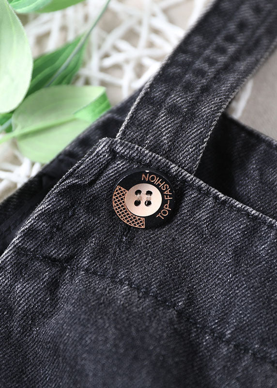 Black Pockets Button Fall Hole Denim Outfits Rompers