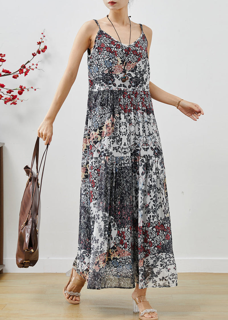 Black Print Exra Large Hem Chiffon Spaghetti Strap Dress Summer