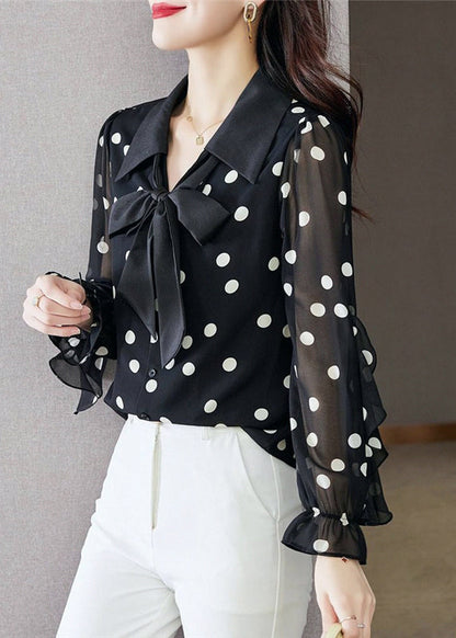 Black Ruffled Dot Print Chiffon Shirts Spring