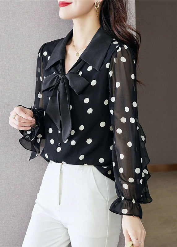 Black Ruffled Dot Print Chiffon Shirts Spring