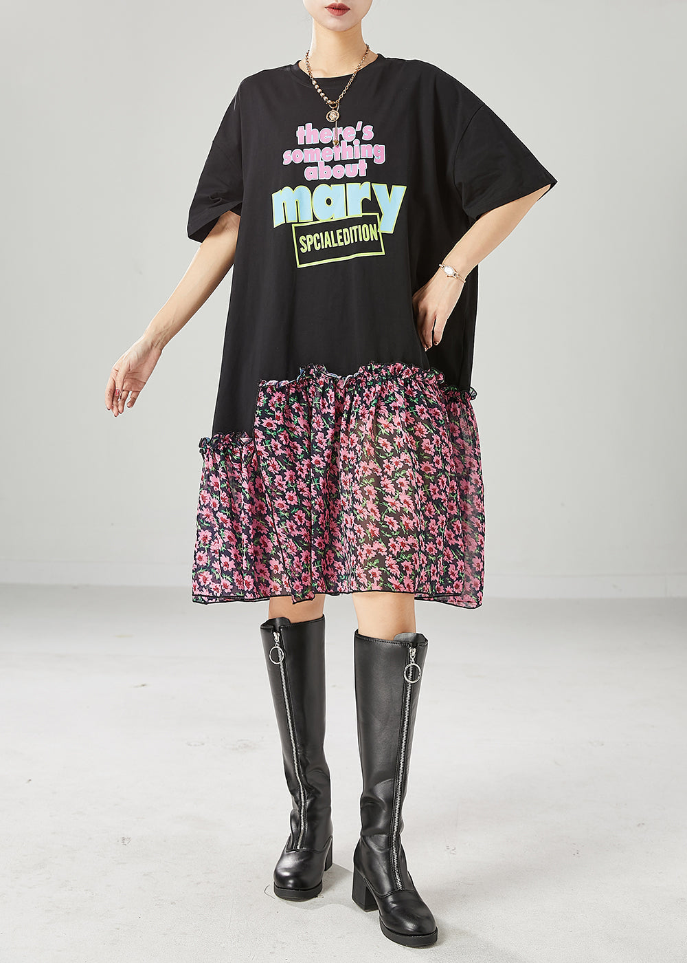 Black Ruffled Patchwork Letter Print Cotton Robe Dresses Summer