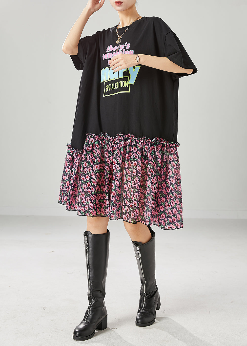 Black Ruffled Patchwork Letter Print Cotton Robe Dresses Summer