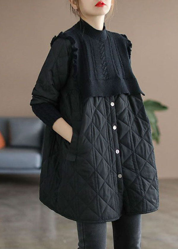 Black Stand Collar Knit Patchwork Fine Cotton Filled Winter Coats