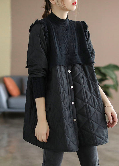 Black Stand Collar Knit Patchwork Fine Cotton Filled Winter Coats