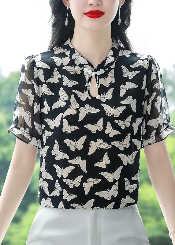 Black Stand Collar Print Chiffon Shirts Summer