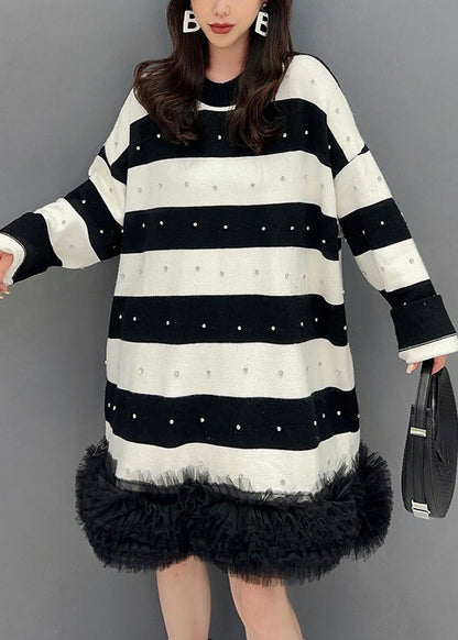 Black Striped Nail Bead Tulle Patchwork Mid Dress Fall
