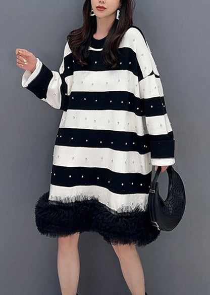 Black Striped Nail Bead Tulle Patchwork Mid Dress Fall