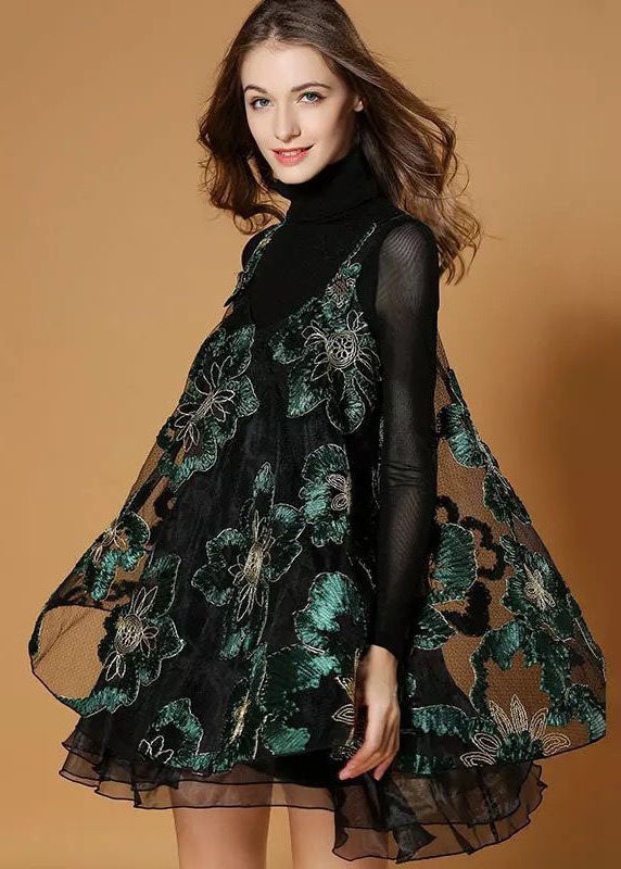 Black Turtle Neck Embroideried Organza Two-piece Set Spring