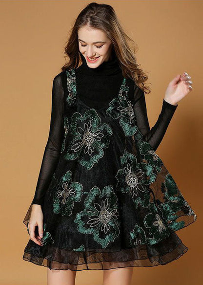 Black Turtle Neck Embroideried Organza Two-piece Set Spring