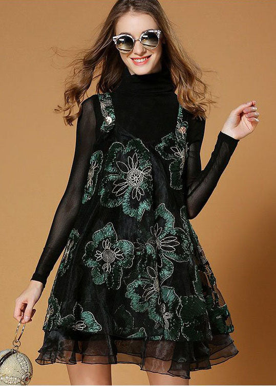 Black Turtle Neck Embroideried Organza Two-piece Set Spring