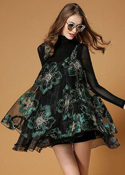 Black Turtle Neck Embroideried Organza Two-piece Set Spring