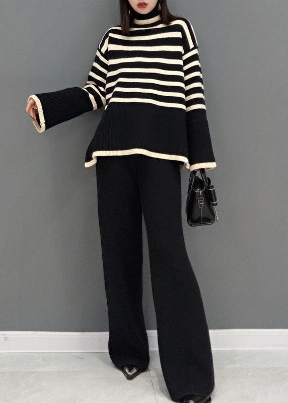 Black Turtle Neck Striped Knit Two Piece Suit Set Spring