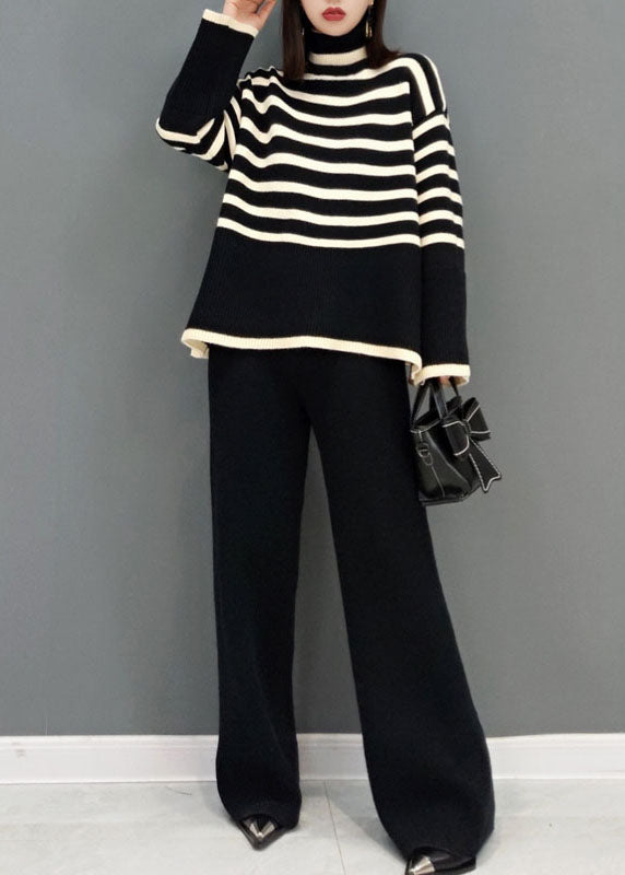 Black Turtle Neck Striped Knit Two Piece Suit Set Spring
