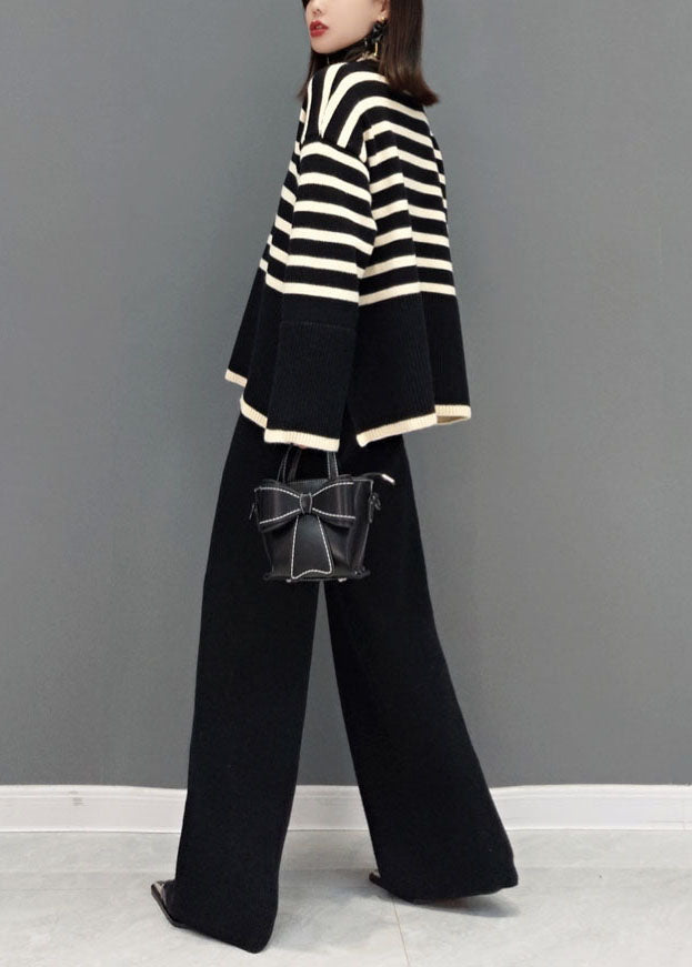 Black Turtle Neck Striped Knit Two Piece Suit Set Spring