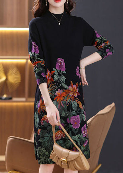 Black Turtleneck Print Wool Knit Dress Long Sleeve