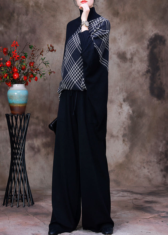 Black Turtleneck Striped Plaid Patchwork Knit Sweaters and Wide Leg Pants Two Piece Set Fall