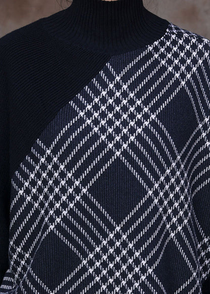 Black Turtleneck Striped Plaid Patchwork Knit Sweaters and Wide Leg Pants Two Piece Set Fall