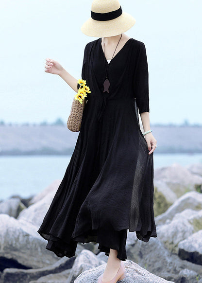 Black V Neck Asymmetrical Design Maxi Dresses Summer