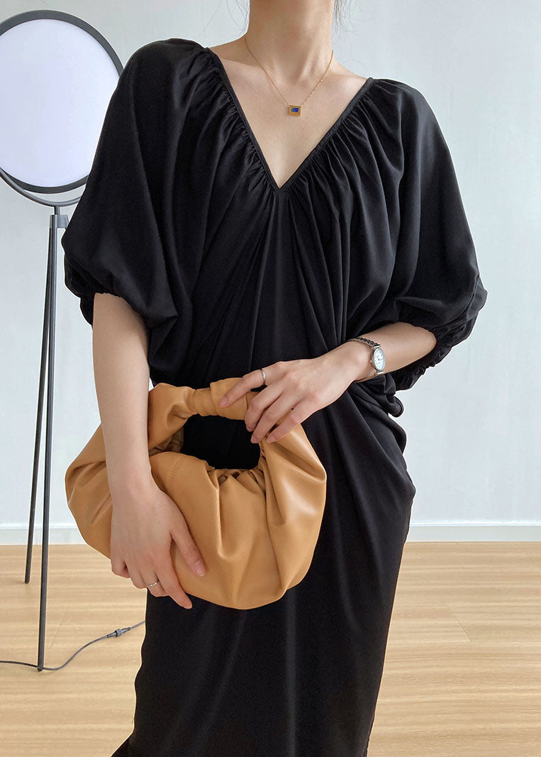 Black V Neck Cold Shoulder Wrinkled Cotton Holiday Dress Summer