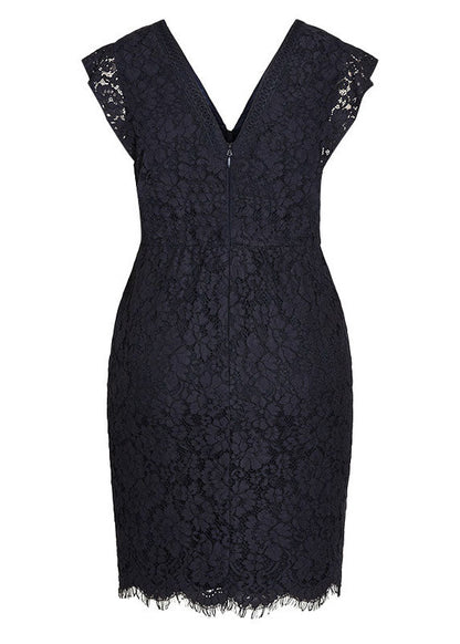 Black V Neck High Waist Lace Mid Dresses Short Sleeve