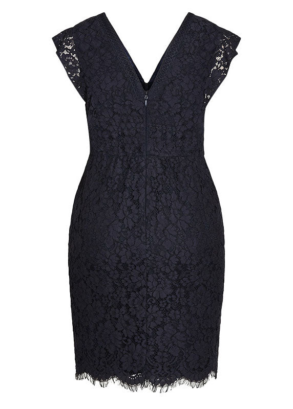 Black V Neck High Waist Lace Mid Dresses Short Sleeve